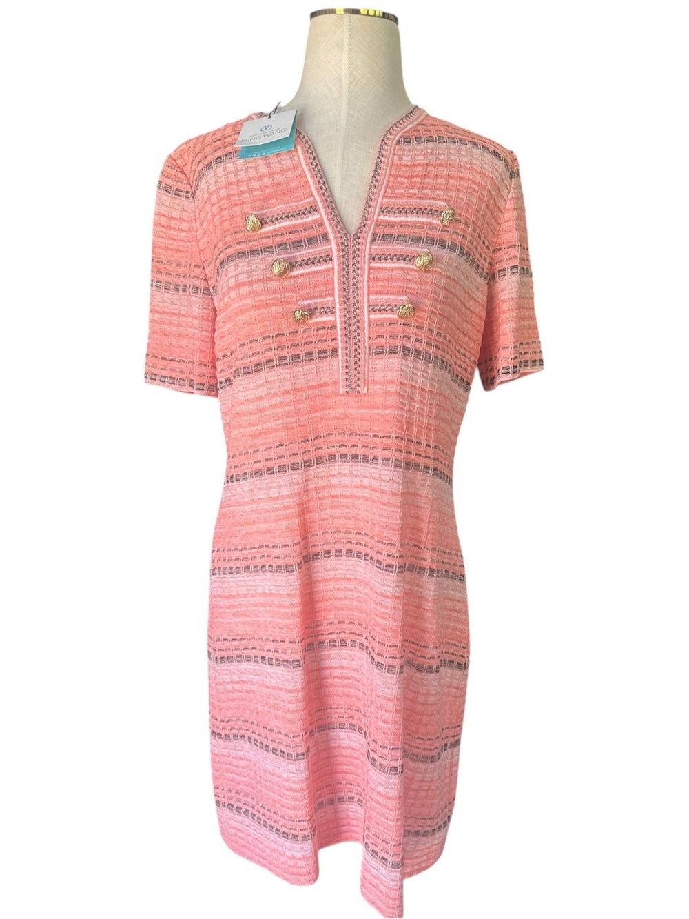 Ming Wang NWT Coral Textured Knit Dress Gold Buttons Size S Career Resort